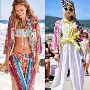 JOHNNY WAS Maci Reversible Georgette Kimono Embroidered Trim Colorful Patterned